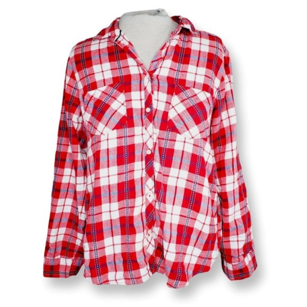 Shirt Plaid Lumberjack Flannel Relaxed Fit Cotton Red White